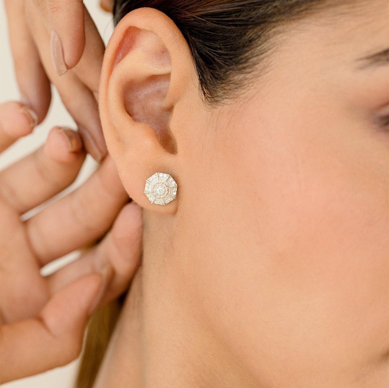 Real Diamond Stud Earring, Delicate White/Yellow Gold Earrings, Rose Gold Designer Earrings - GeumJewels