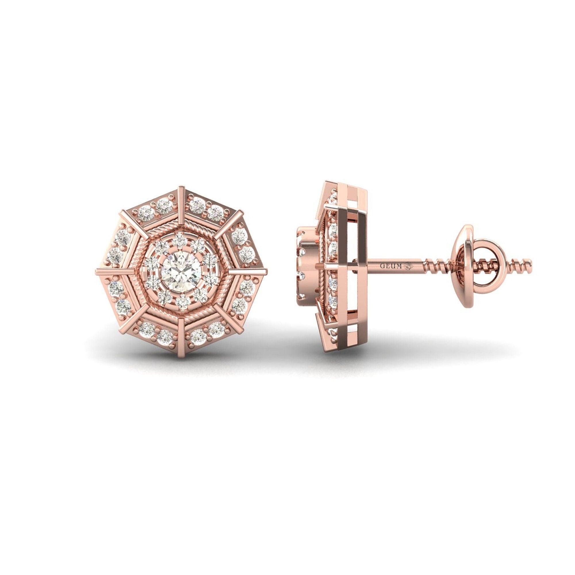 Real Diamond Stud Earring, Delicate White/Yellow Gold Earrings, Rose Gold Designer Earrings - GeumJewels