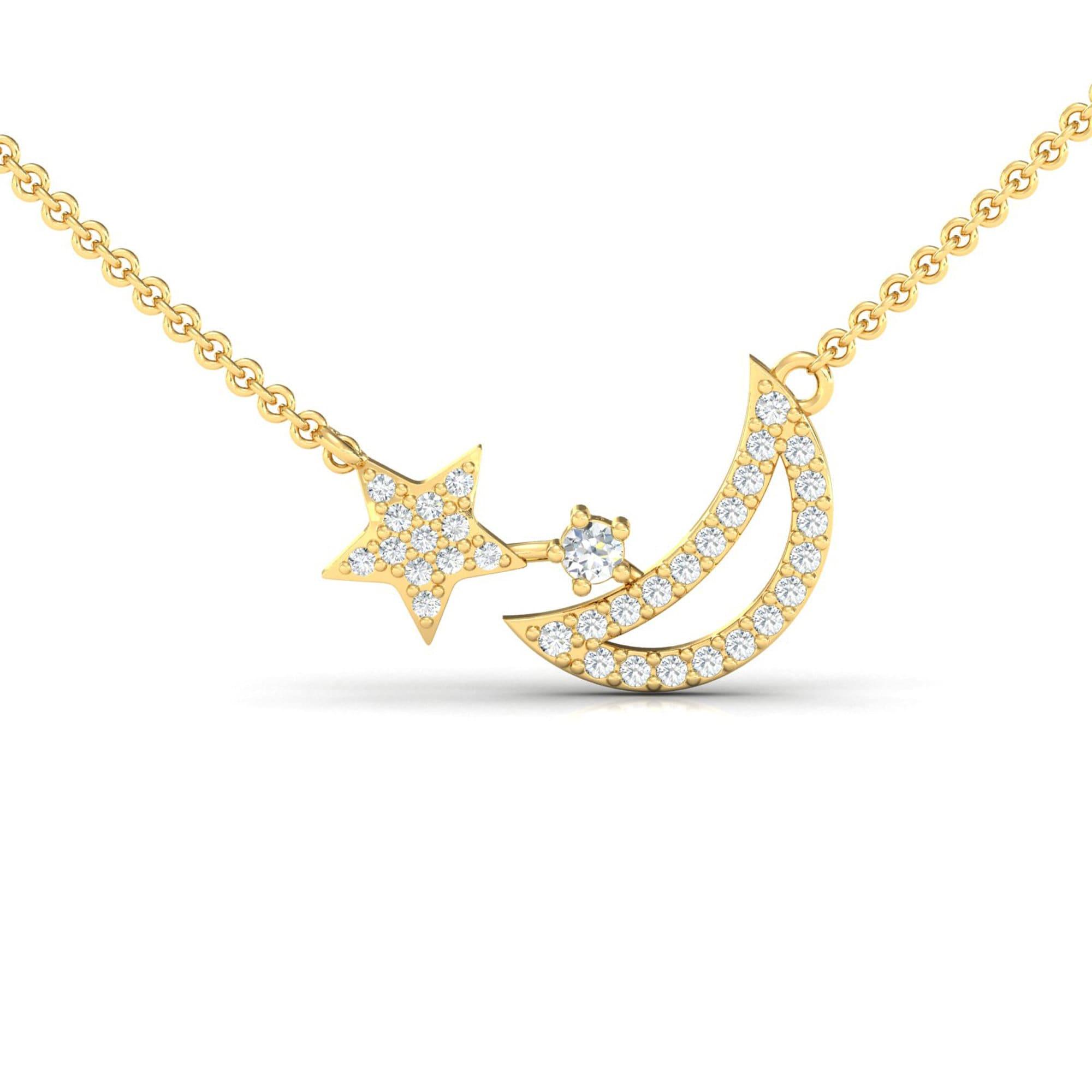 Handmade Yellow/White Gold Moon Star Pendant, Rose Gold Moon Star Necklace, Genuine Diamond Gold Pendant - GeumJewels