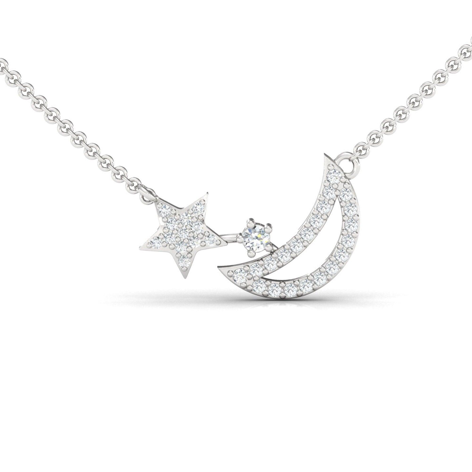 Handmade Yellow/White Gold Moon Star Pendant, Rose Gold Moon Star Necklace, Genuine Diamond Gold Pendant - GeumJewels
