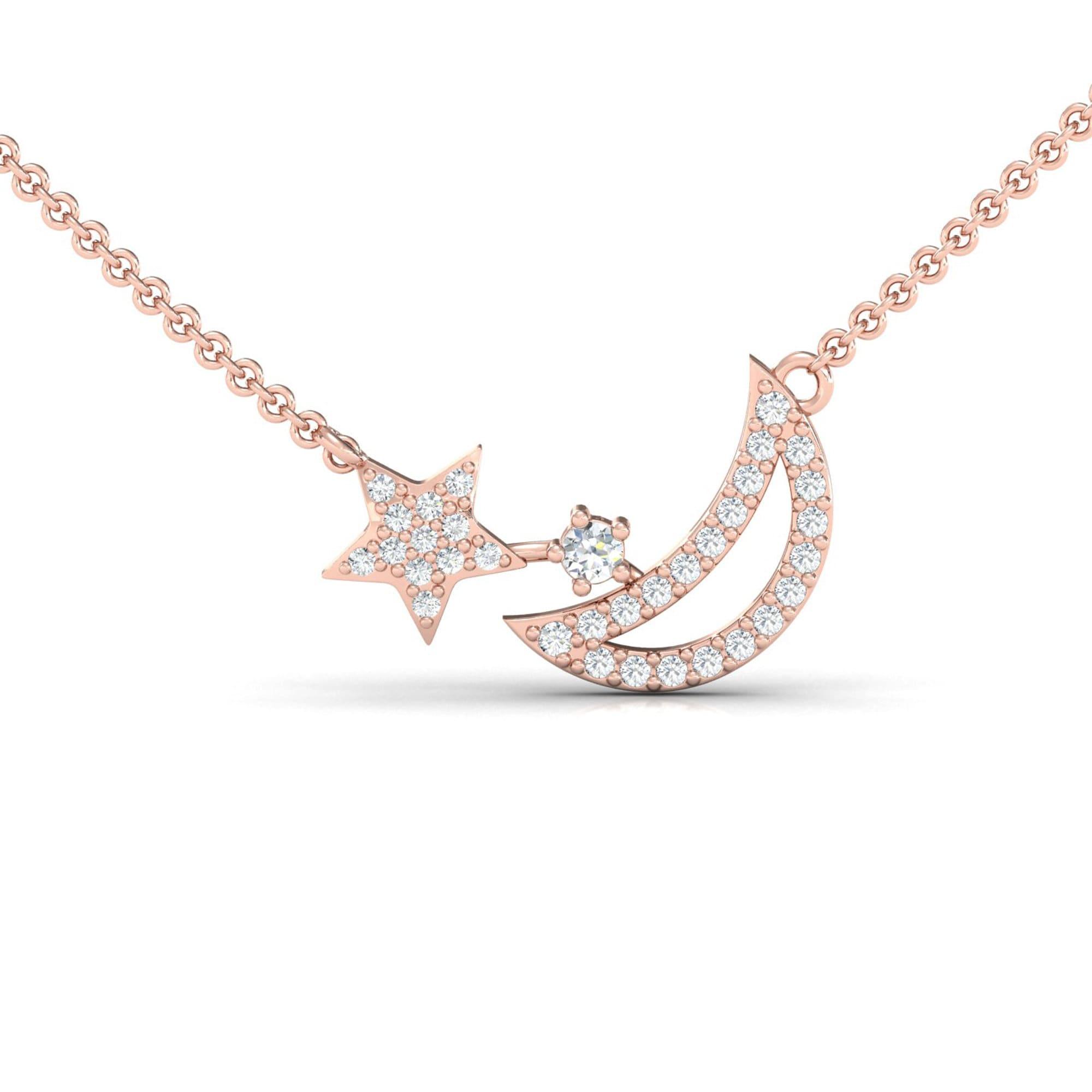 Handmade Yellow/White Gold Moon Star Pendant, Rose Gold Moon Star Necklace, Genuine Diamond Gold Pendant - GeumJewels