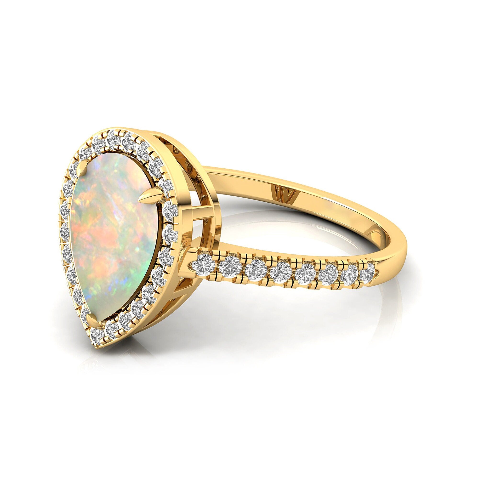 Classic Pear Shaped Opal Halo Diamond Engagement Ring - GeumJewels