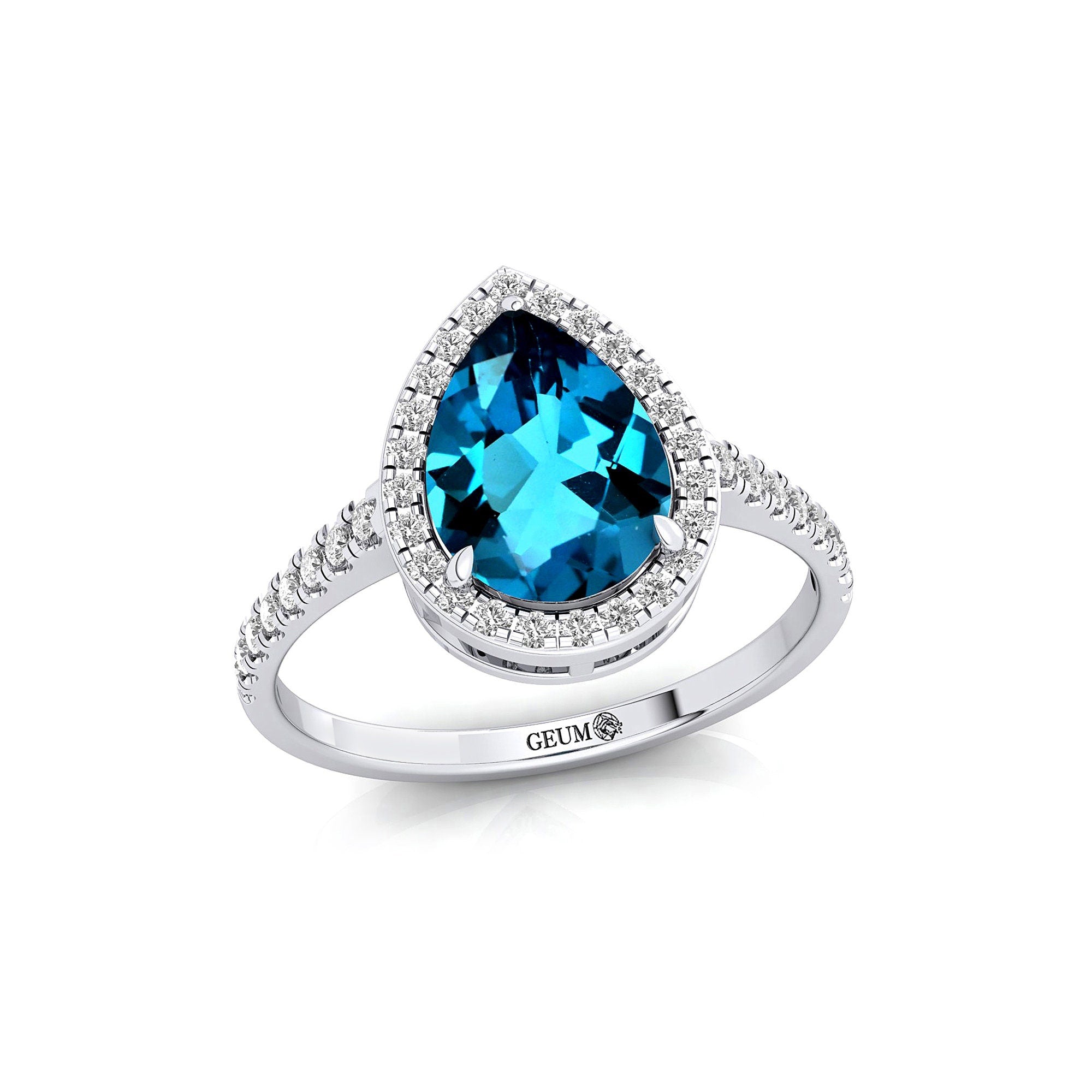 Classic Pear Shaped London Blue Topaz Halo Diamond Engagement Ring - GeumJewels