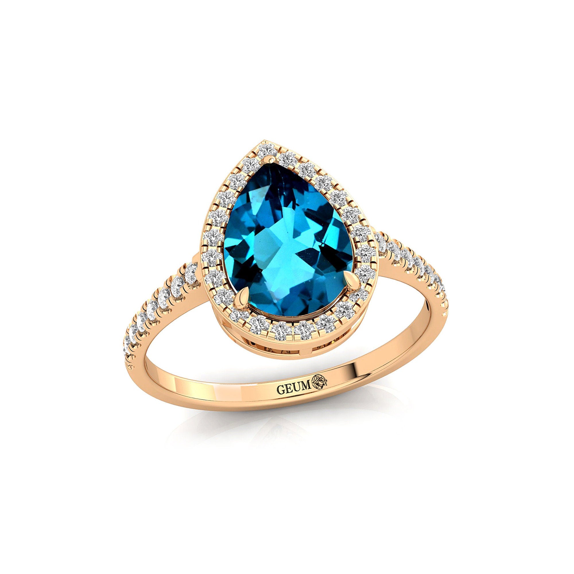 Classic Pear Shaped London Blue Topaz Halo Diamond Engagement Ring - GeumJewels