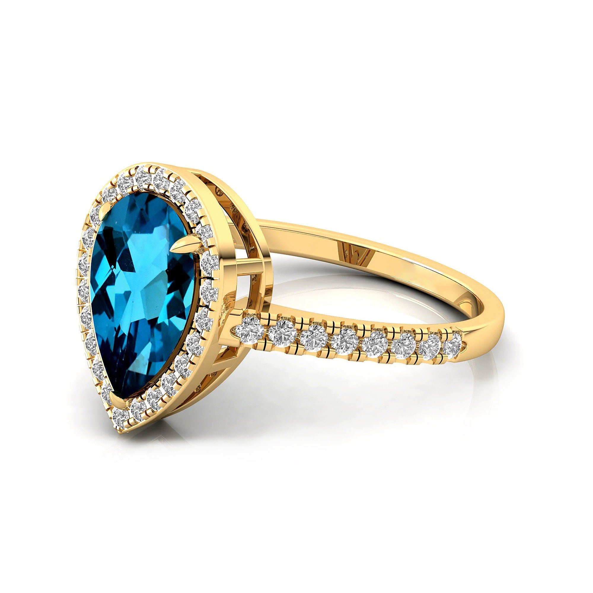 Classic Pear Shaped London Blue Topaz Halo Diamond Engagement Ring - GeumJewels