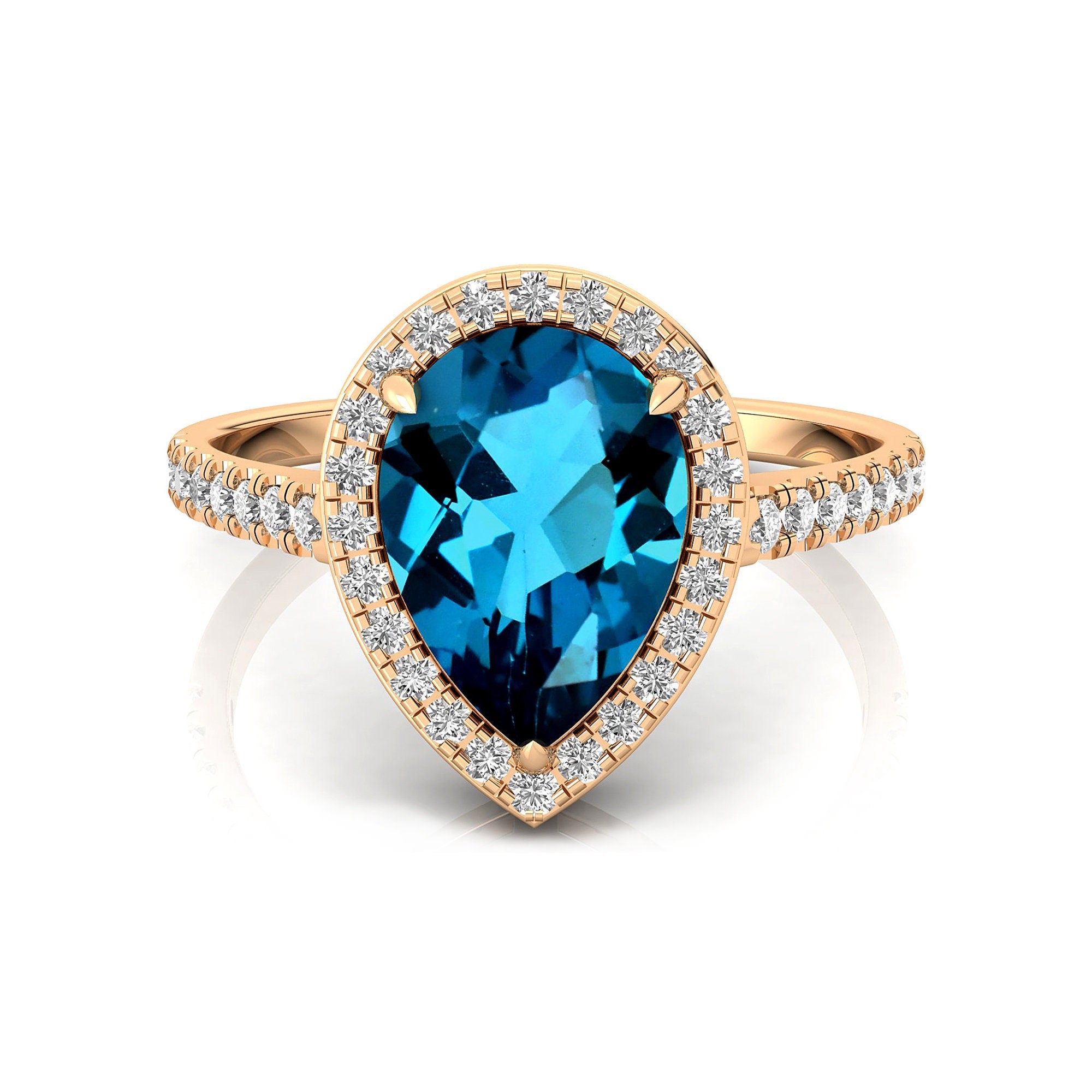 Classic Pear Shaped London Blue Topaz Halo Diamond Engagement Ring - GeumJewels
