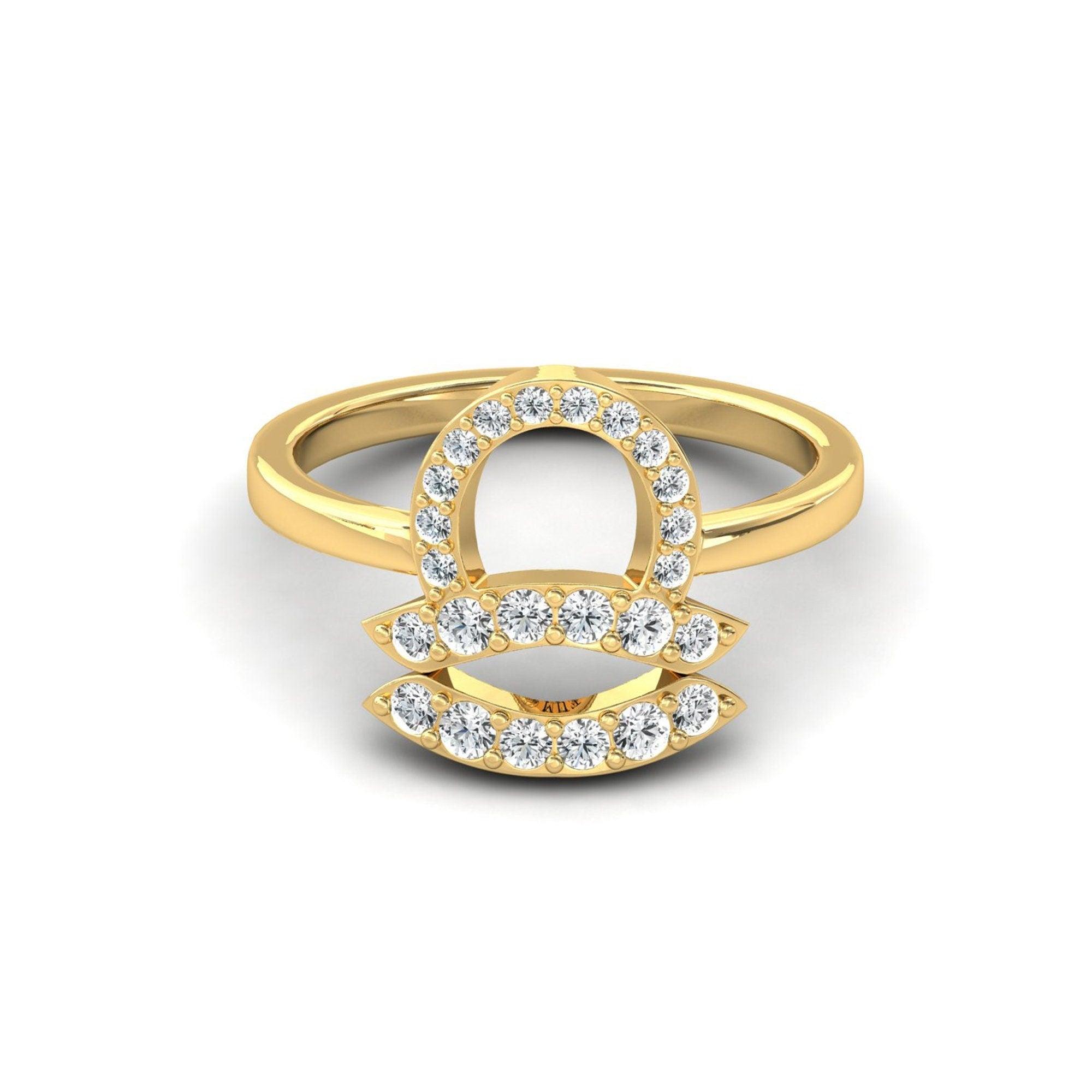 14Kt Solid Rose Gold Libra Ring, Handmade Zodiac Sign Ring, Personalized Natural Diamond Ring - GeumJewels