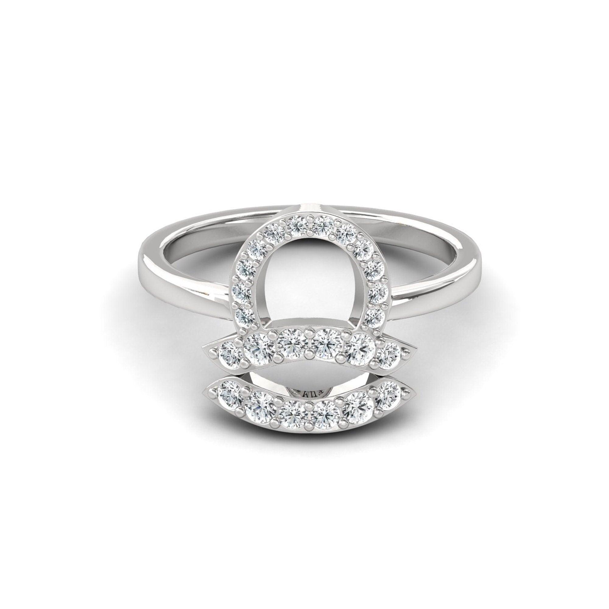14Kt Solid Rose Gold Libra Ring, Handmade Zodiac Sign Ring, Personalized Natural Diamond Ring - GeumJewels