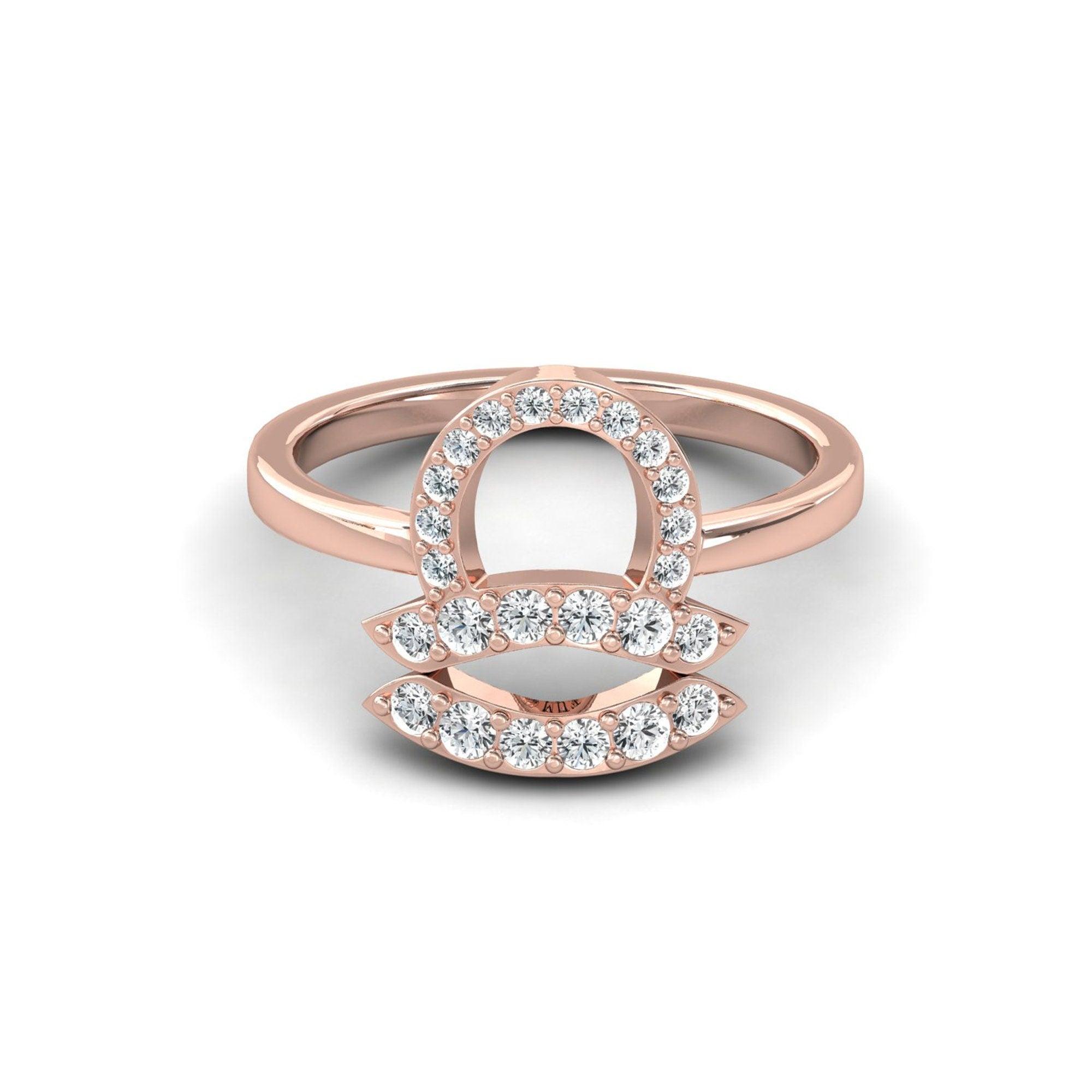 14Kt Solid Rose Gold Libra Ring, Handmade Zodiac Sign Ring, Personalized Natural Diamond Ring - GeumJewels