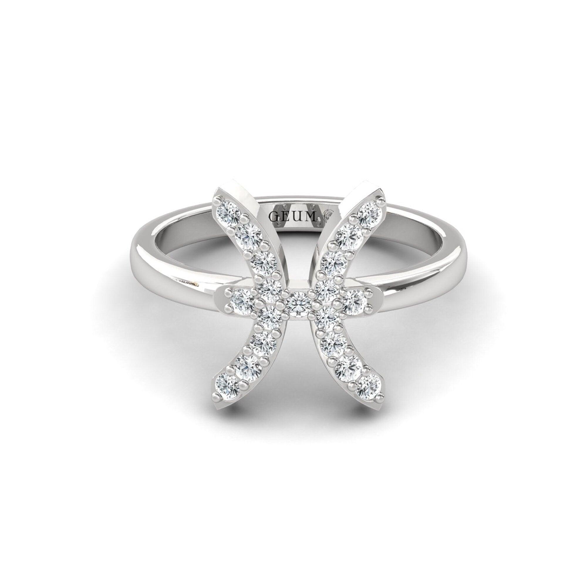 Handmade White Gold Ring, 10kt 14kt 18k Solid Gold Pisces Sign Ring, Natural Diamond Gold Ring - GeumJewels
