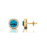 Cushion Cut Swiss Blue Topaz Halo Diamond Stud Earrings