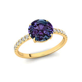 Classic Six Prong Round Solitaire Alexandrite Ring with Accent Diamond Band