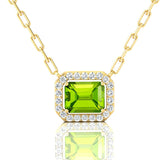 Emerald Cut Peridot Halo Set Diamond Necklace