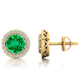 Round Solitaire Emerald Halo Diamond Stud Earrings