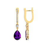 Lever Back Diamond Drop Earrings with Pear Cut Amethsyt