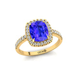 Elongated Cushion Halo Set Tanzanite Engagement Ring with Diamond Band