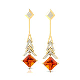 Inverted Princess Cut Citrine Drop Earrings with Diamonds