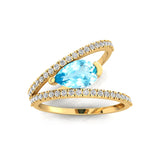 Fashionable V Shaped Diamond Ring with Pear Cut Aquamarine