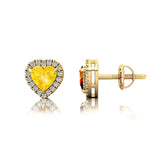 Heart Shaped Yellow Sapphire Halo Diamond Stud Earrings