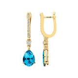 Lever Back Diamond Drop Earrings with Pear Cut Swiss Blue Topaz