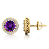 Round Solitaire Amethyst Halo Diamond Stud Earrings