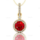 Classic Solitaire Round Ruby Halo Diamond Dangle Pendant