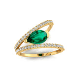 Fashionable V Shaped Diamond Ring with Pear Cut Emerald