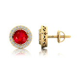 Round Solitaire Ruby Halo Diamond Stud Earrings