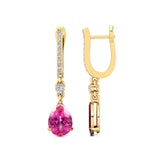 Lever Back Diamond Drop Earrings with Pear Cut Pink Sapphire