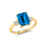 Emerald Cut Swiss Blue Topaz and Diamond Three Stone Ring