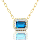 Emerald Cut London Blue Topaz Halo Set Diamond Necklace