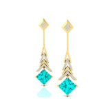 Inverted Princess Cut Paraiba Tourmaline Drop Earrings with Diamonds