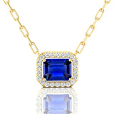 Emerald Cut Blue Sapphire Halo Set Diamond Necklace