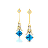 Inverted Princess Cut Swiss Blue Topaz Drop Earrings with Diamonds