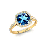 Halo Diamond Engagement Ring with Cushion Cut London Blue Topaz