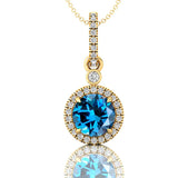 Classic Solitaire Round London Blue Topaz Halo Diamond Dangle Pendant