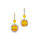 Halo Diamond Cushion Cut Yellow Sapphire Dangle Earrings