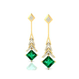 Inverted Princess Cut Emerald Drop Earrings with Diamonds