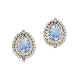 Double Halo Cluster Diamonds Teardrop Moonstone Stud Earrings