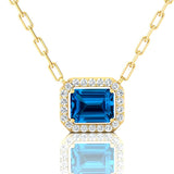 Emerald Cut Swiss Blue Topaz Halo Set Diamond Necklace