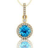 Classic Solitaire Round Swiss Blue Topaz Halo Diamond Dangle Pendant