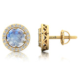 Round Solitaire Moonstone Halo Diamond Stud Earrings