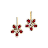 Pear Shaped Ruby Flower Diamond Leverback Earrings