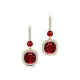 Halo Diamond Cushion Cut Ruby Dangle Earrings