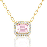 Emerald Cut Morganite Halo Set Diamond Necklace