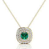 Double Halo Diamond Cushion Cut Emerald Necklace