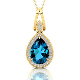 Classic Teardrop Shaped London Blue Topaz Halo Diamond Dangle Pendant