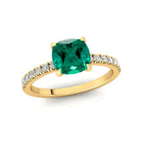 Emerald Square Cushion Under Halo Diamonds Thin Ring with Diamond Band