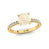 Opal Square Cushion Under Halo Diamonds Thin Ring with Diamond Band