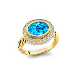 Vintage Style Elongated Oval Swiss Blue Topaz Halo Diamond Twisted Ring